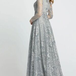 Mac Duggal gray jewel encrusted long sleeve square neck gown NWT